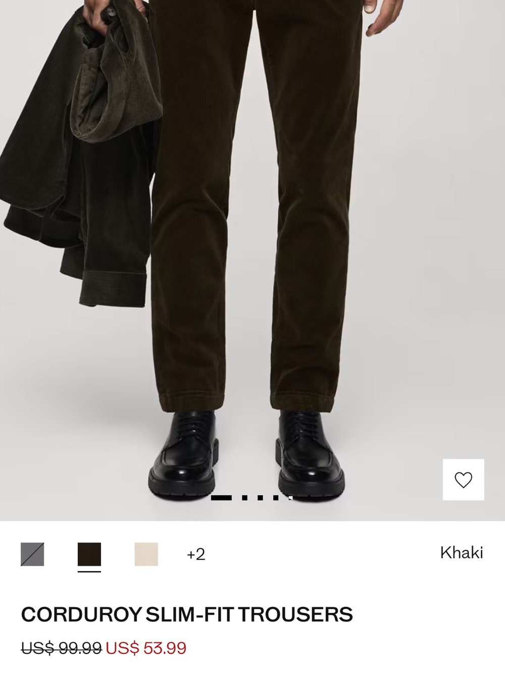 Mens Mango Corduroy Slim-Fit Trousers - Khaki